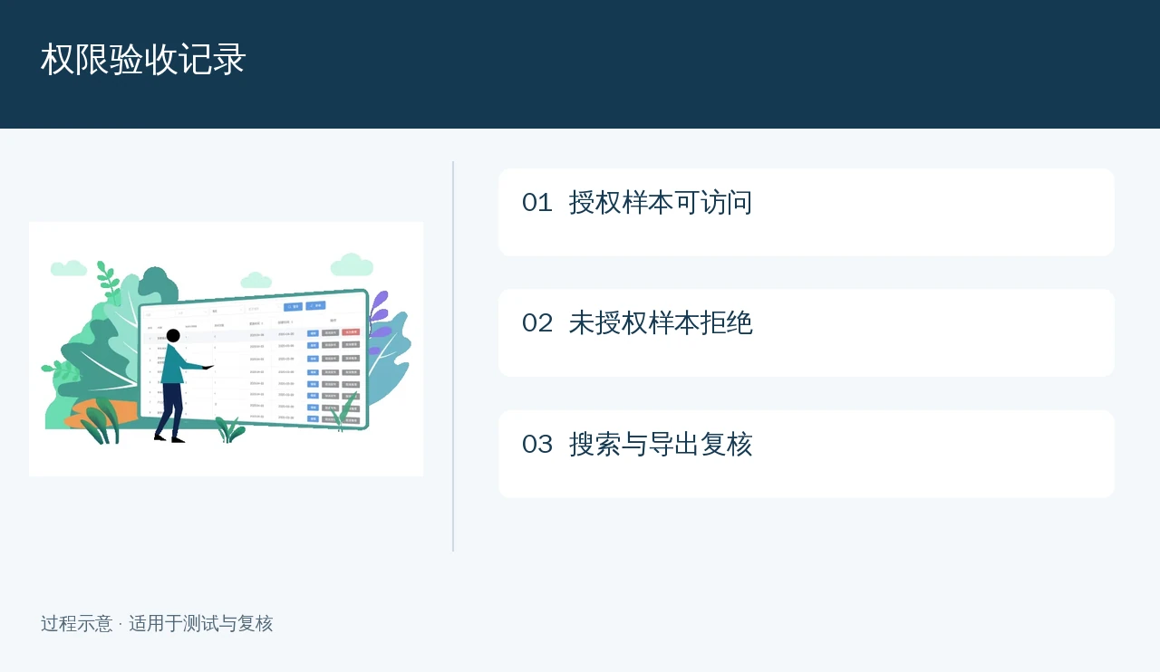 权限验收记录示意:授权样本可访问、未授权样本拒绝、搜索与导出复核