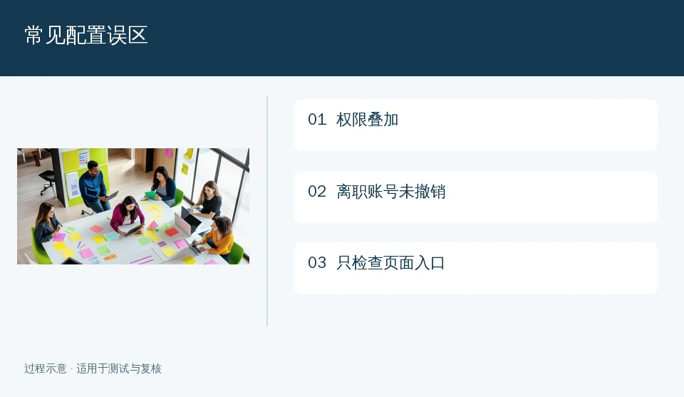 常见配置误区示意:权限叠加、离职账号未撤销、只检查页面入口
