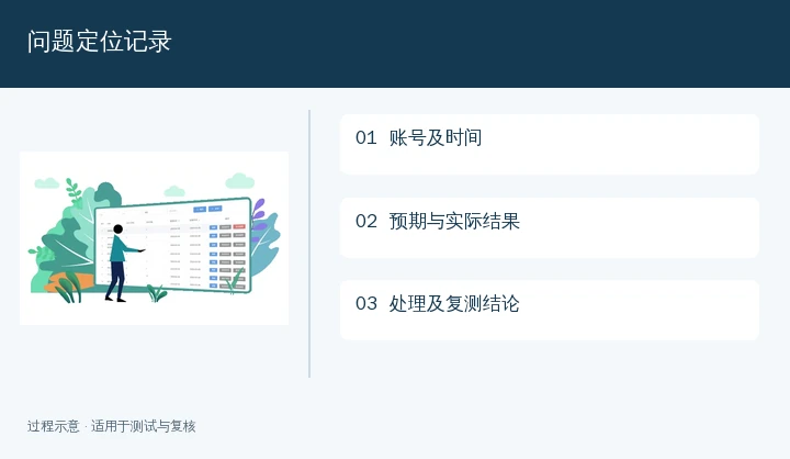 问题定位记录示意:账号及时间、预期与实际结果、处理及复测结论